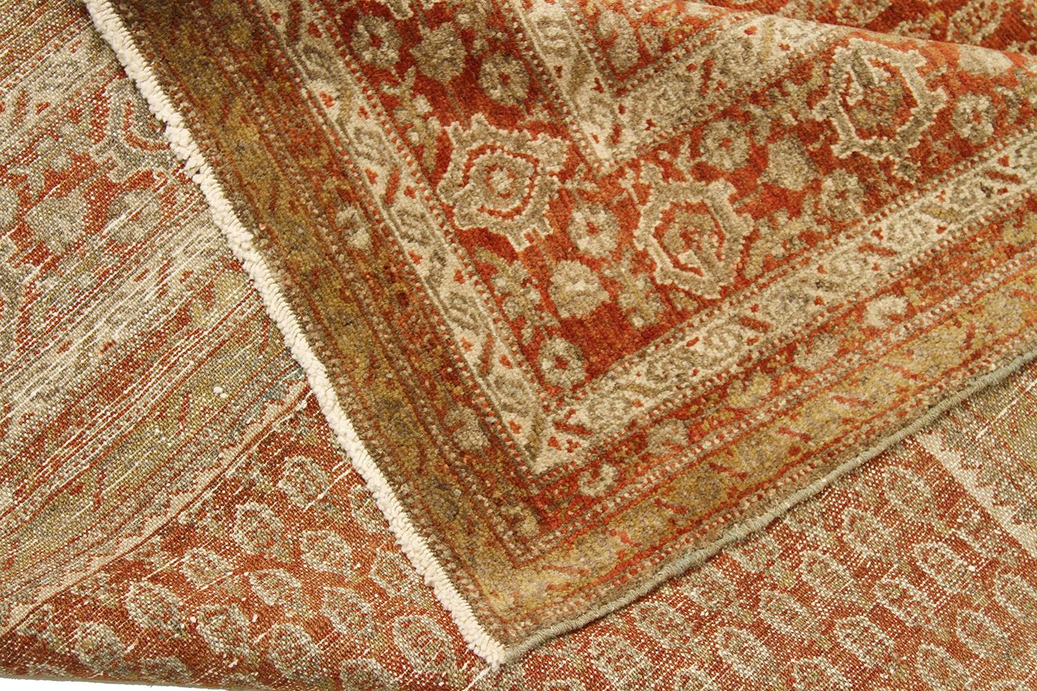 Hand-Woven Antique Persian Malayer Rug with Ivory and Beige ‘Boteh’ Details on Red Field For Sale