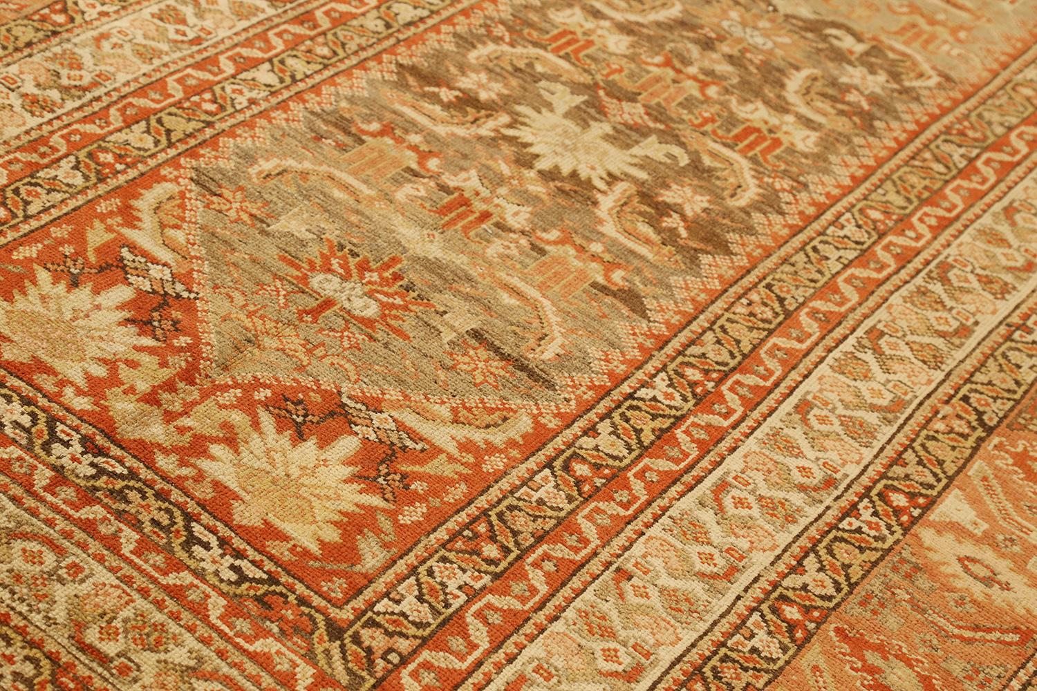 Hand-Woven Antique Persian Malayer Rug with Ivory and Brown Botanical Details on Red Field For Sale