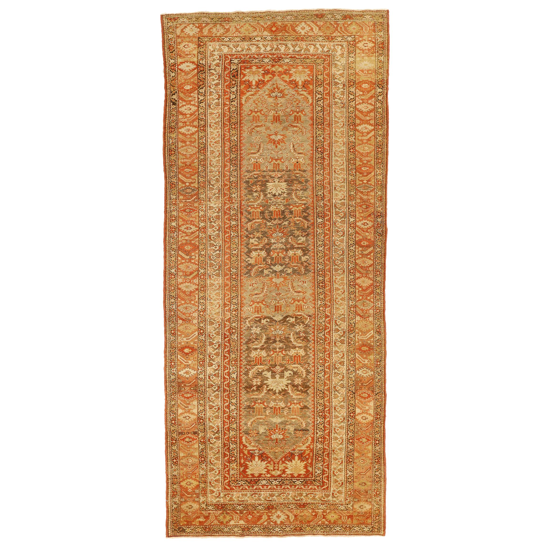 Antique Persian Malayer Rug with Ivory and Brown Botanical Details on Red Field