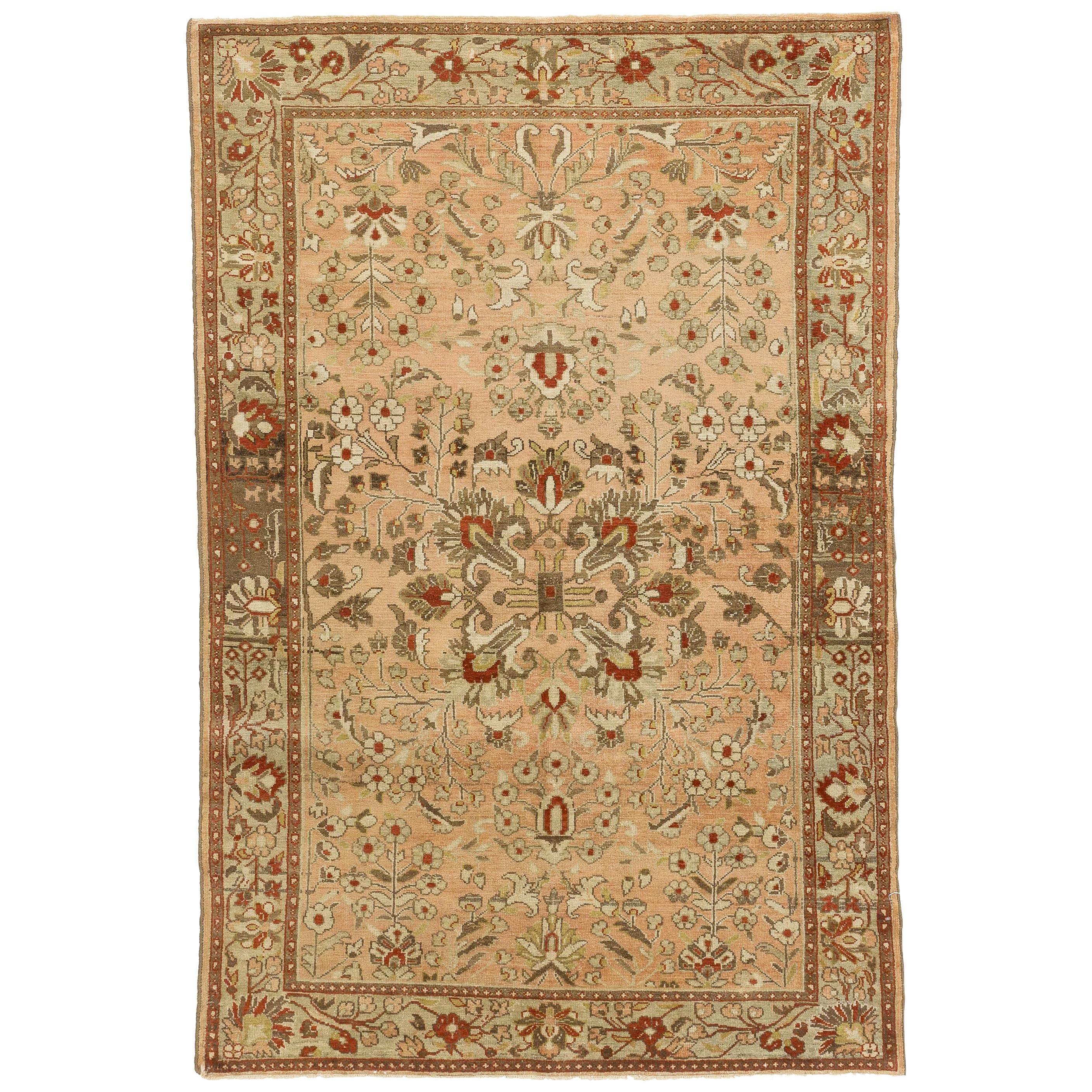 Antique Persian Malayer Rug with Ivory and Brown Floral Details on Beige Field