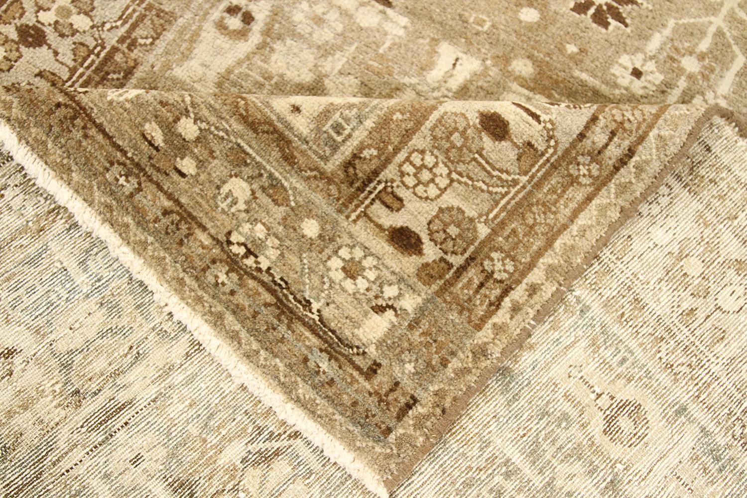Hand-Woven Antique Persian Malayer Rug with Ivory and Brown Flower Details For Sale