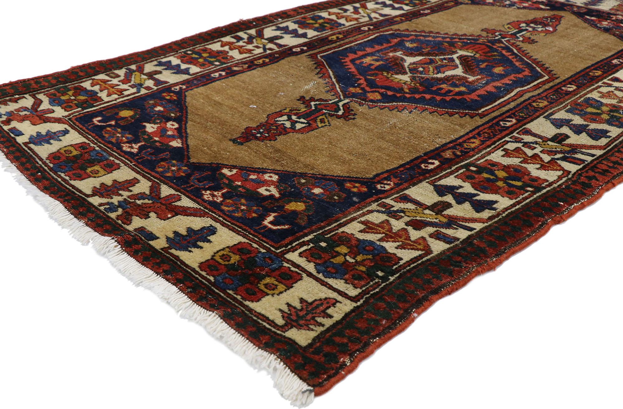 78023, antique Persian Malayer rug with Mid-Century Modern style. Emanating sophistication and nomadic charm with rustic sensibility, this hand knotted wool distressed antique Persian Malayer rug beautifully embodies a Mid-Century Modern style. The