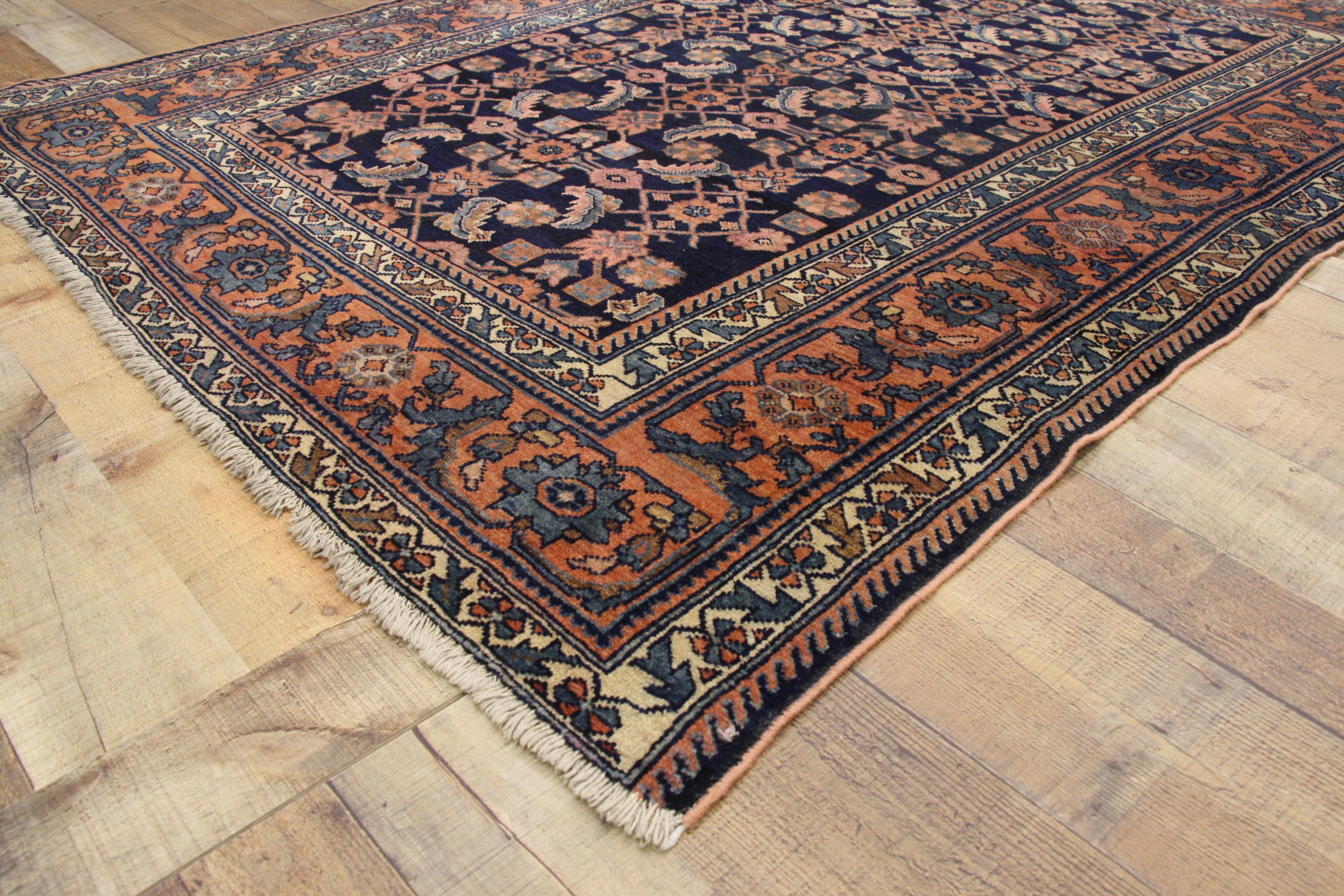 72589, antique Persian Malayer rug with modern traditional style. This antique Persian Malayer rug in traditional style features an all-over Herati pattern on an abrashed ink blue field. It is enclosed with a Classic meandering border flanked with