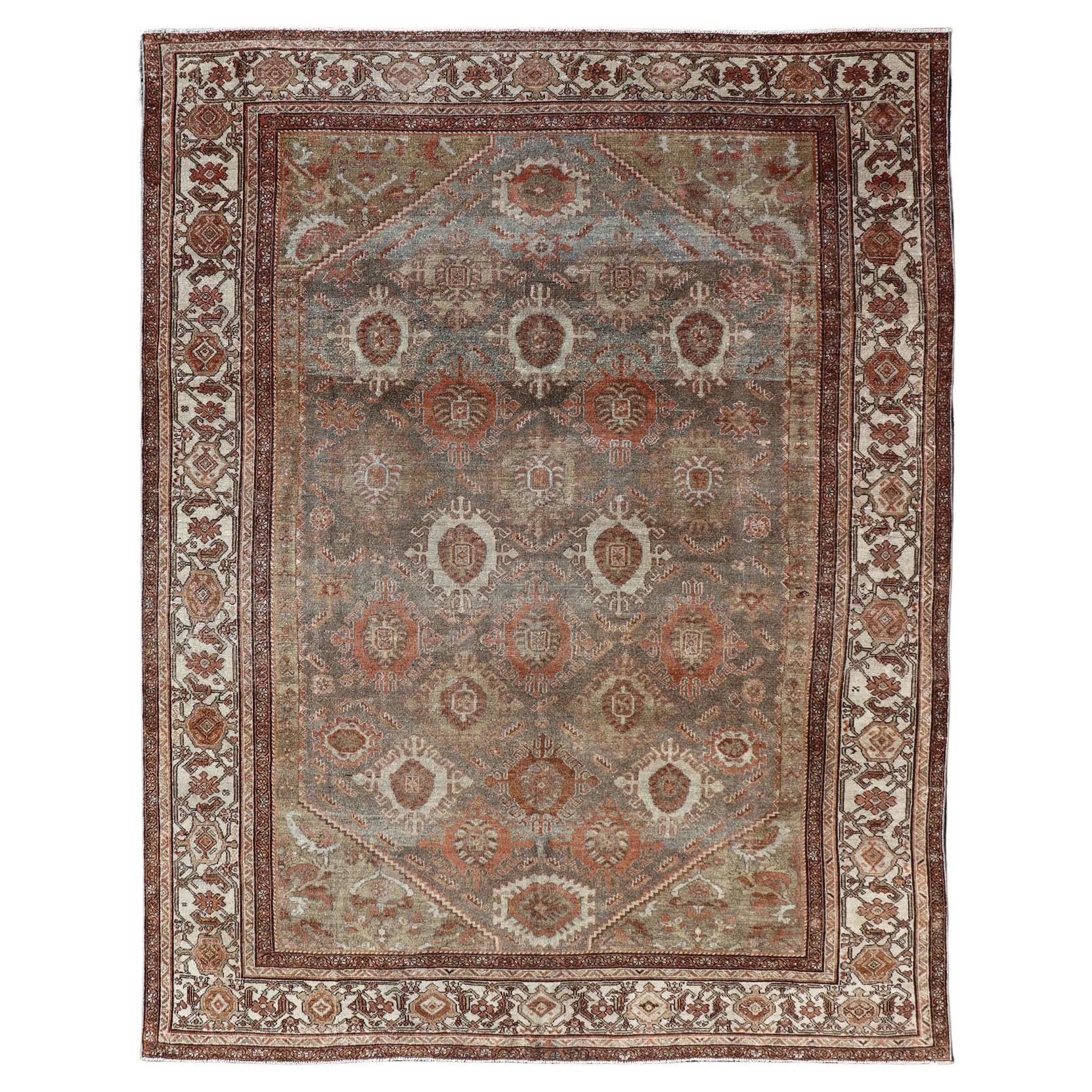 Tappeto antico persiano Malayer con motivi in tonalità di terra 7'0 x 9'6