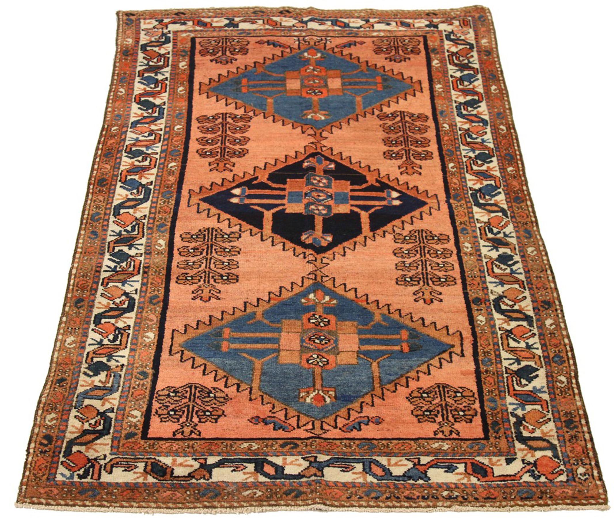 Antique Persian Malayer Rug with Navy & Blue Diamond Medallions In Excellent Condition For Sale In Dallas, TX