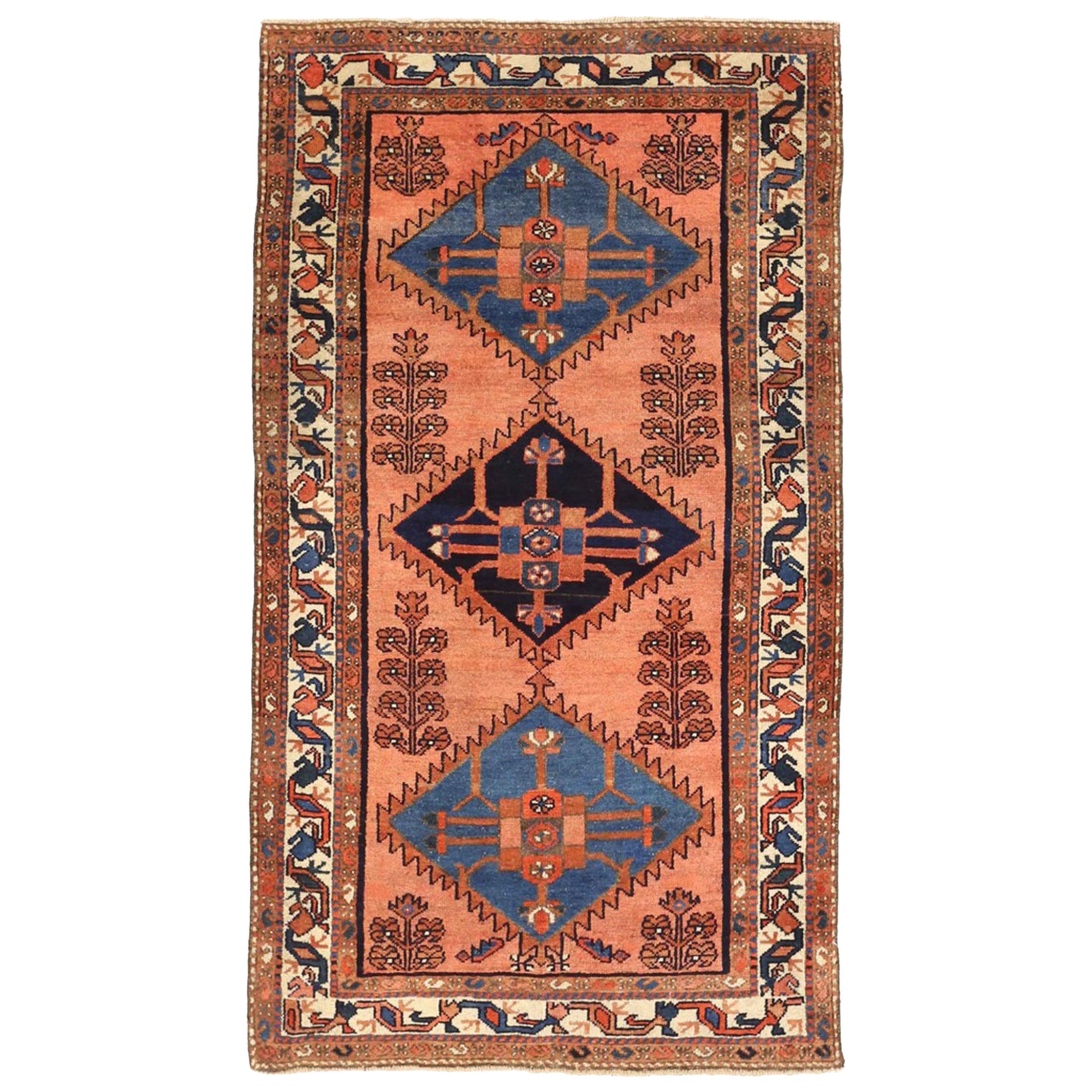 Antiker persischer Malayer-Teppich mit marineblauen und blauen Diamantmedaillons