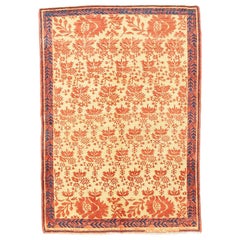Used Persian Malayer Rug with Navy and Orange Floral Details on Ivory Field