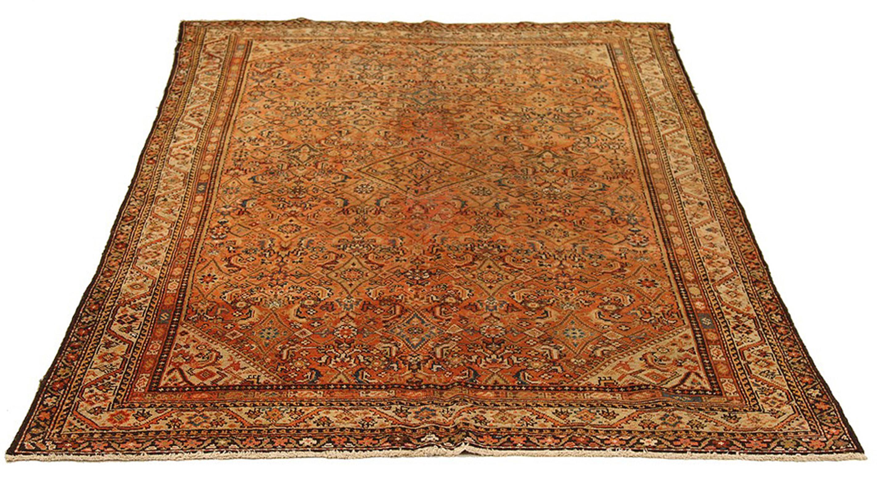 Antiker persischer Malayer-Teppich mit orangefarbenen und marineblauen Blumendetails All-Over (Handgewebt) im Angebot