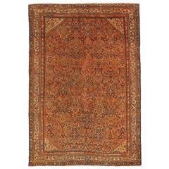  Tapis persan ancien Malayer avec détails floraux orange et bleu marine sur toute sa surface