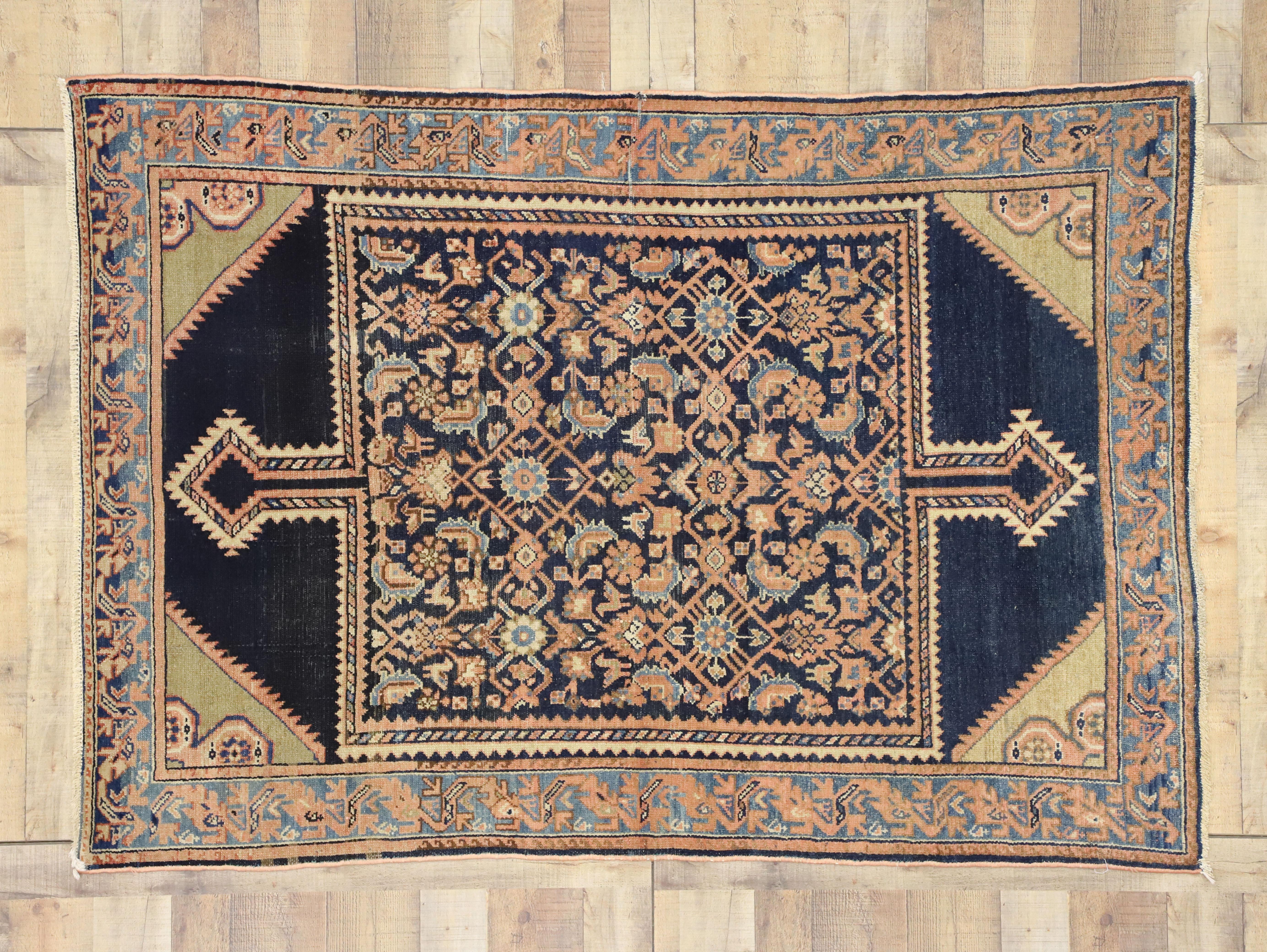 20ième siècle Tapis persan ancien Malayer avec style géorgien rustique et romantique en vente