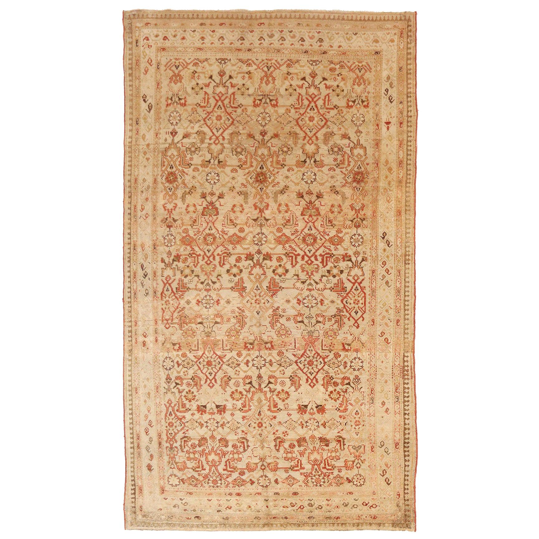 Antique Persian Malayer Rug with Red and Beige Floral Details on Ivory Field For Sale