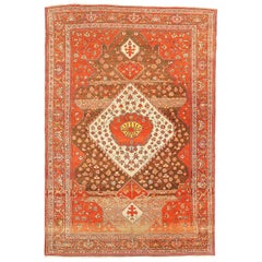 Vintage Persian Malayer Rug with Red and White Flower Medallions