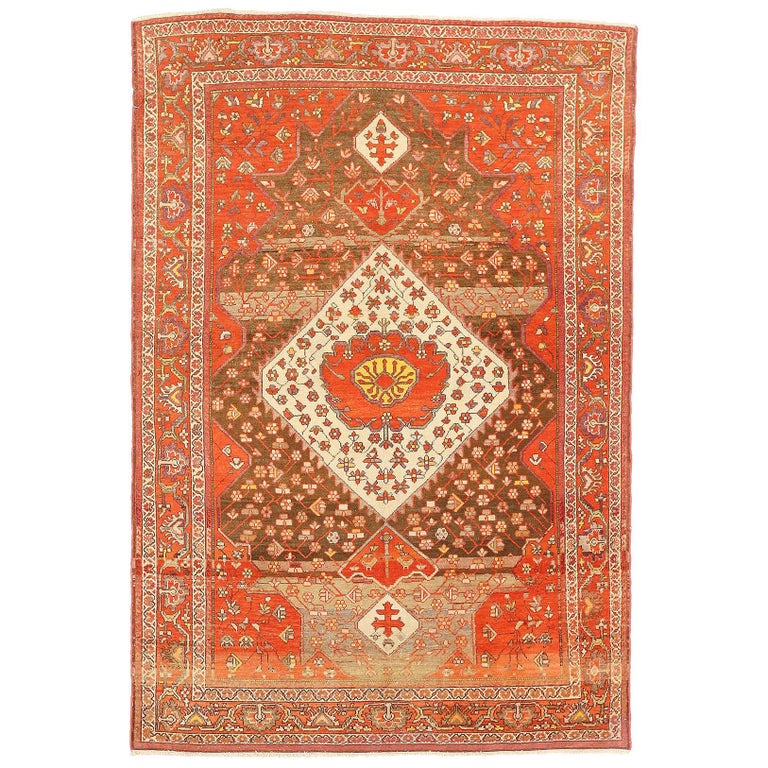 Antique Persian Malayer Rug with Red and White Flower Medallions For Sale