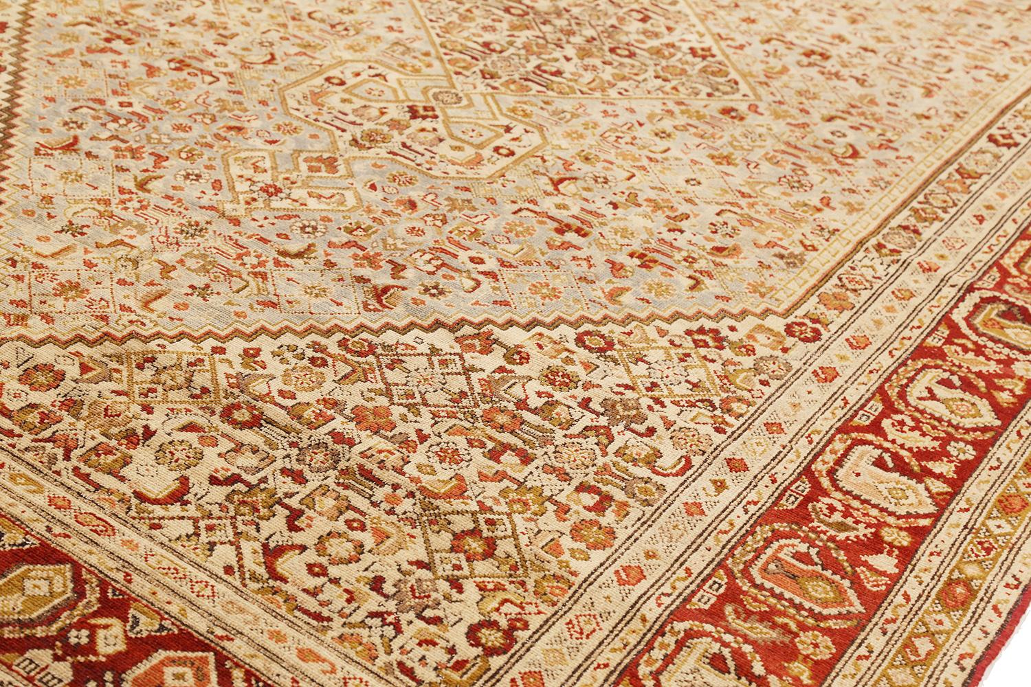 Hand-Woven Antique Persian Malayer Rug with Red & Brown Tribal Details on Ivory Field For Sale