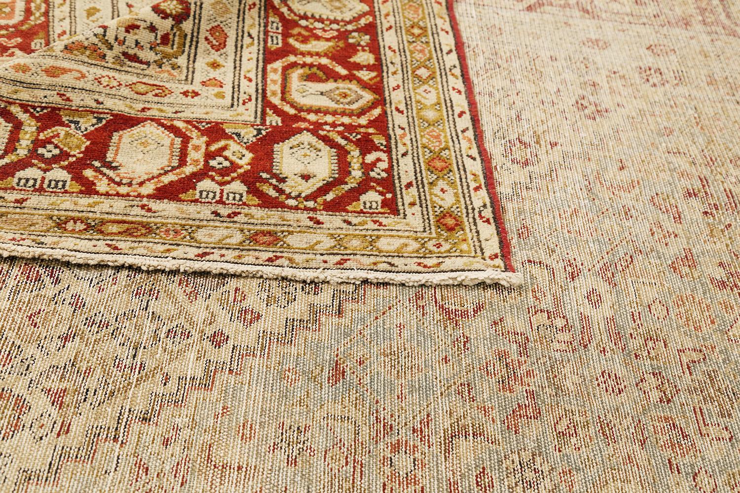 Antique Persian Malayer Rug with Red & Brown Tribal Details on Ivory Field In Excellent Condition For Sale In Dallas, TX