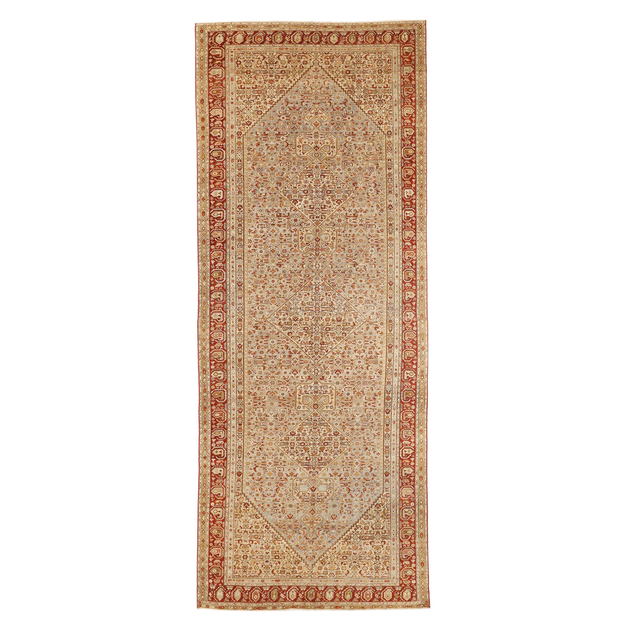 Antique Persian Malayer Rug with Red & Brown Tribal Details on Ivory Field