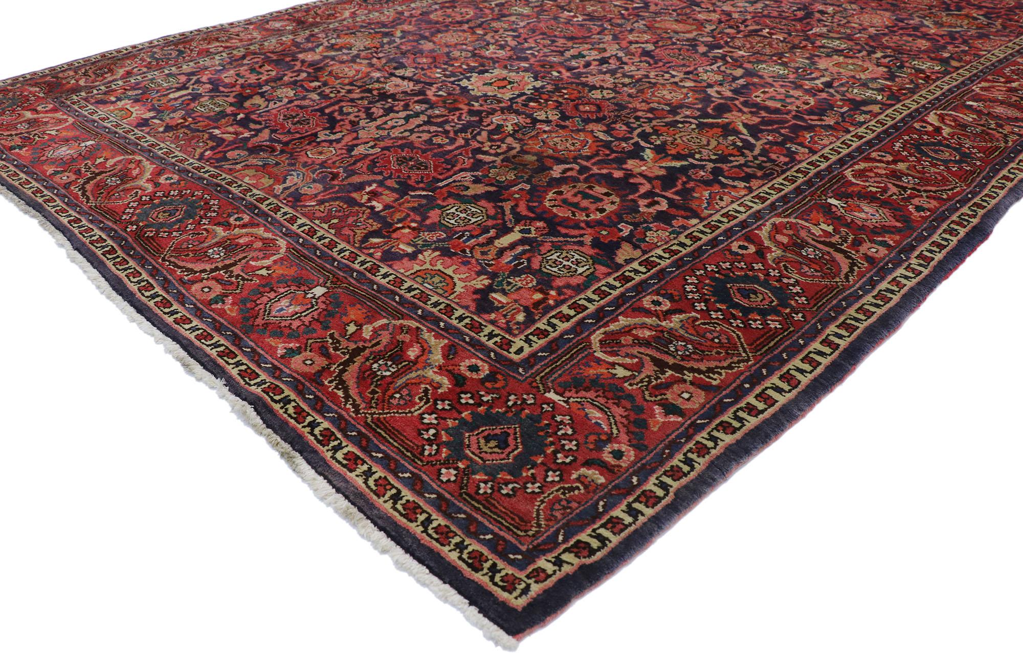 77630 Antique Persian Malayer Rug with Regal Victorian style. Emanating a timeless floral design and austere elegance, this hand-knotted wool antique Persian Malayer rug beautifully embodies a regal Victorian style. The abrashed navy blue field is