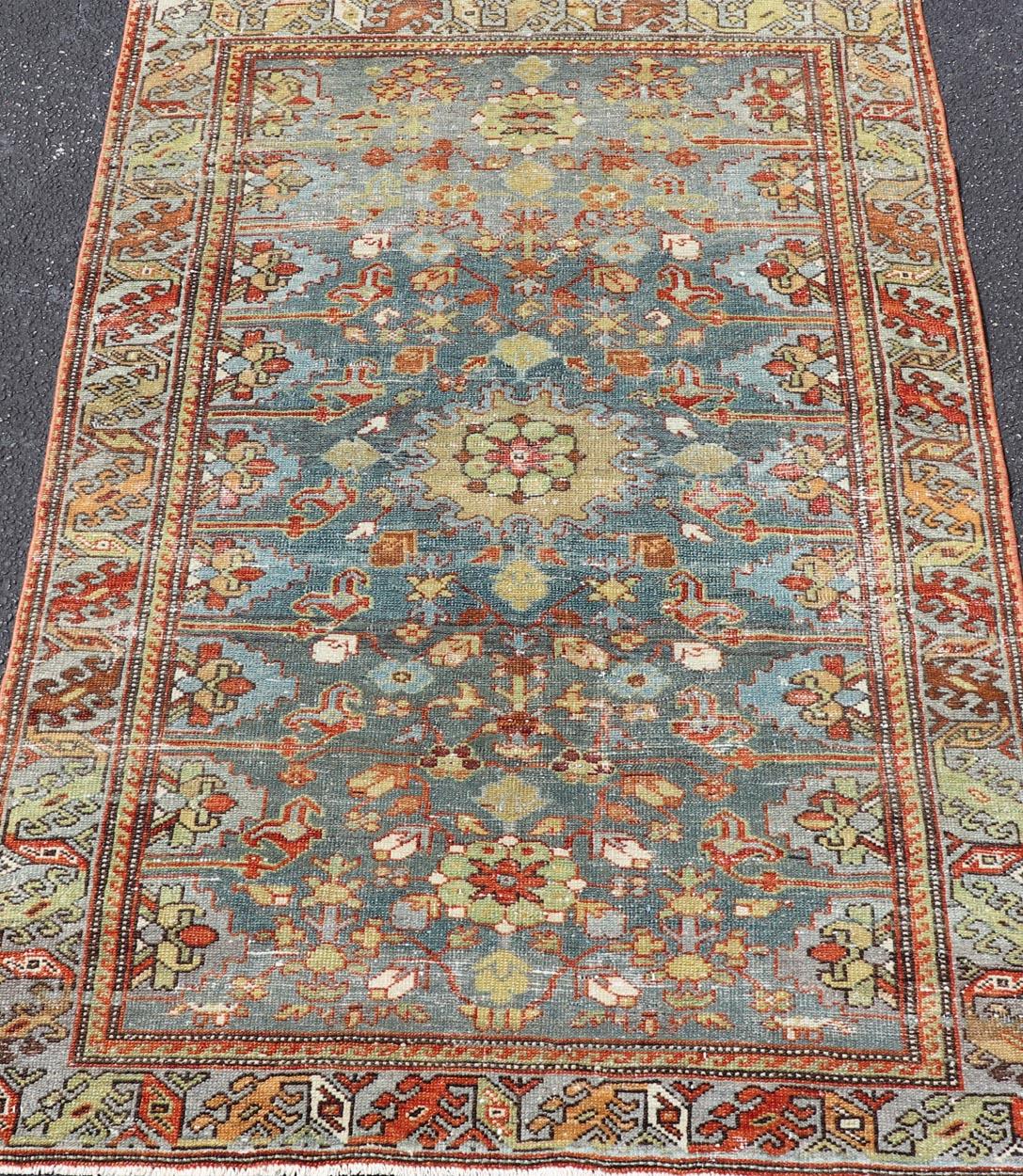 Lana Antico tappeto persiano Malayer con fondo blu e motivi botanici 3'5 x 4'10 in vendita