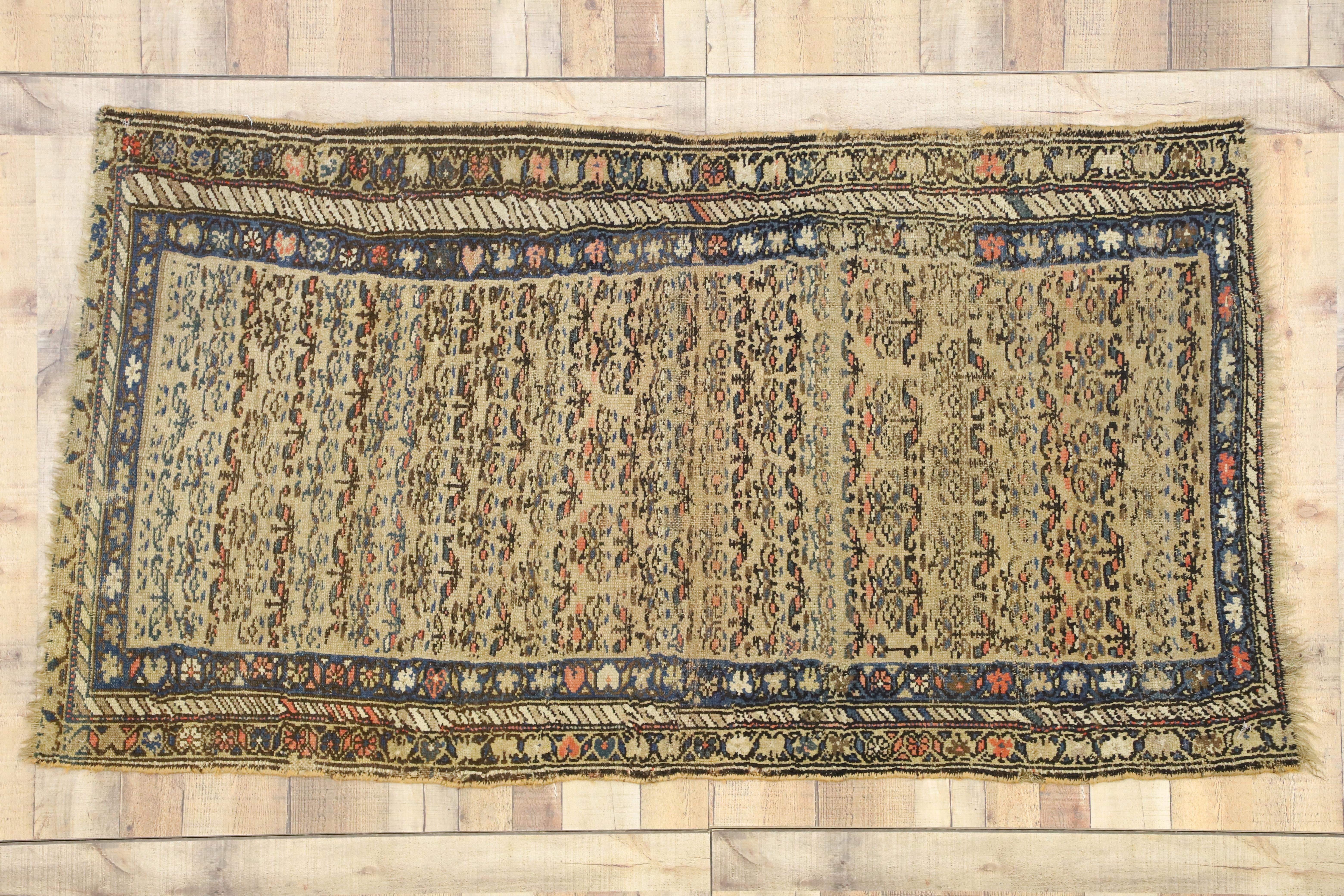 Antique Persian Malayer Rug with Rustic Farmhouse Style In Distressed Condition For Sale In Dallas, TX