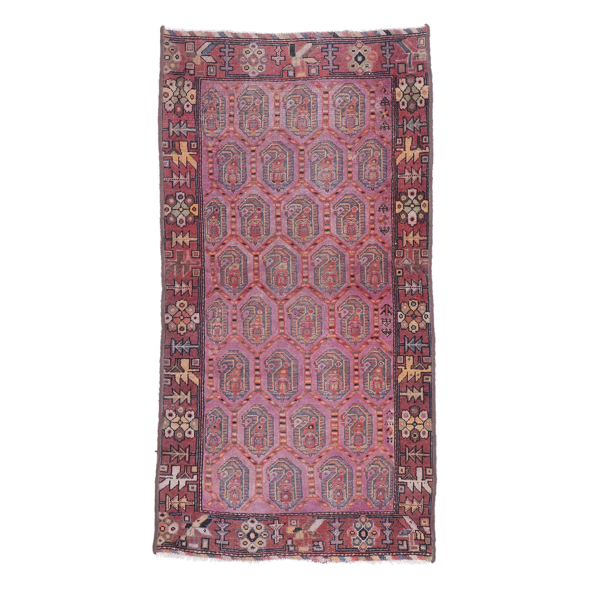 Ancien tapis persan Malayer avec motif tribal rustique de style bohème