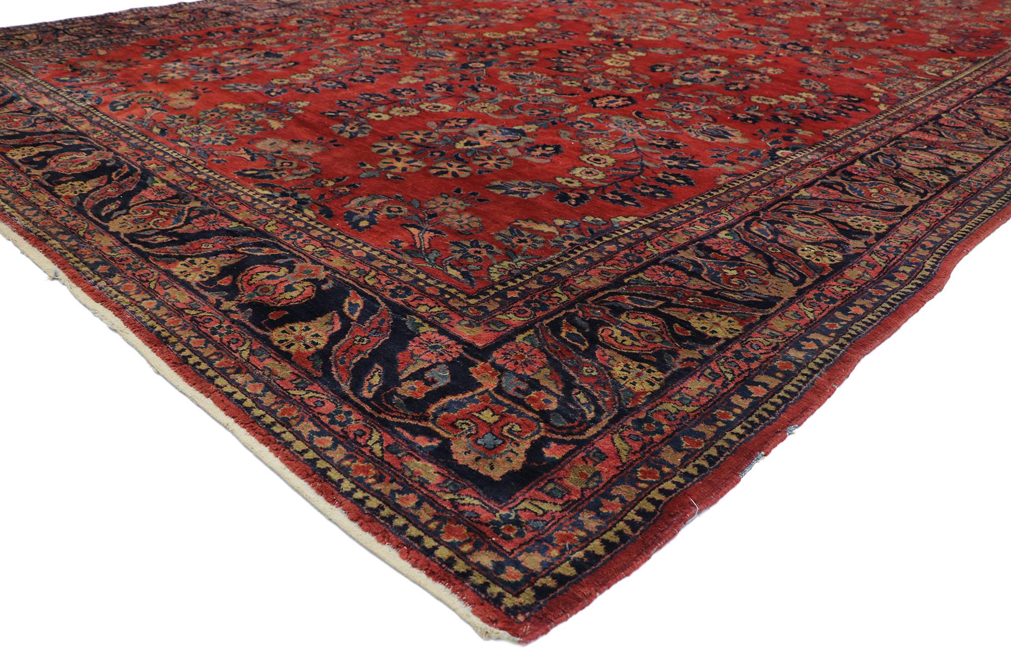77623, antique Persian Malayer rug with Sarouk Design and Neoclassical style. With timeless floral design and a traditional color palette, this hand knotted wool antique Persian Malayer rug is a captivating vision of woven beauty. The abrashed ruby