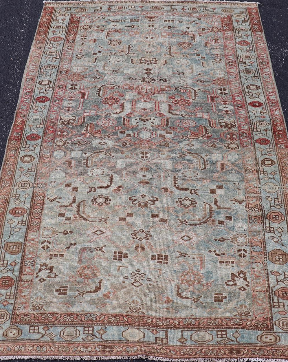 Ancien tapis persan Malayer à fond bleu et motif stylisé3'11 x 6'5 en vente 1