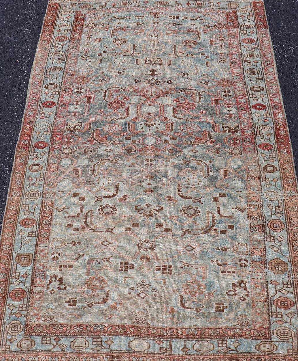 Ancien tapis persan Malayer à fond bleu et motif stylisé3'11 x 6'5 en vente 2