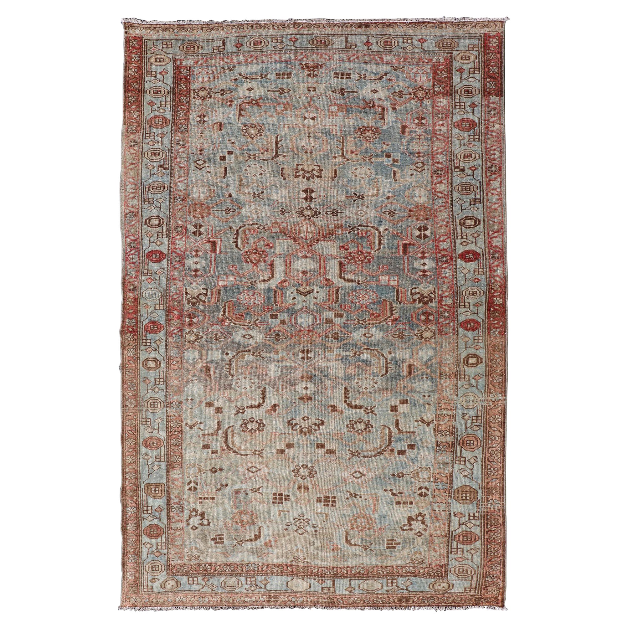 Antico tappeto persiano Malayer con fondo blu e motivi stilizzati3'11 x 6'5