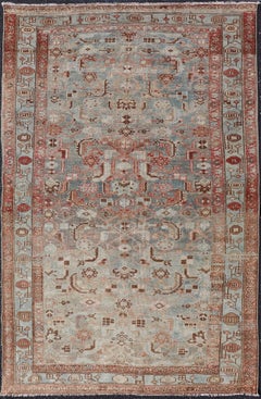 Ancien tapis persan Malayer à fond bleu et motif stylisé3'11 x 6'5