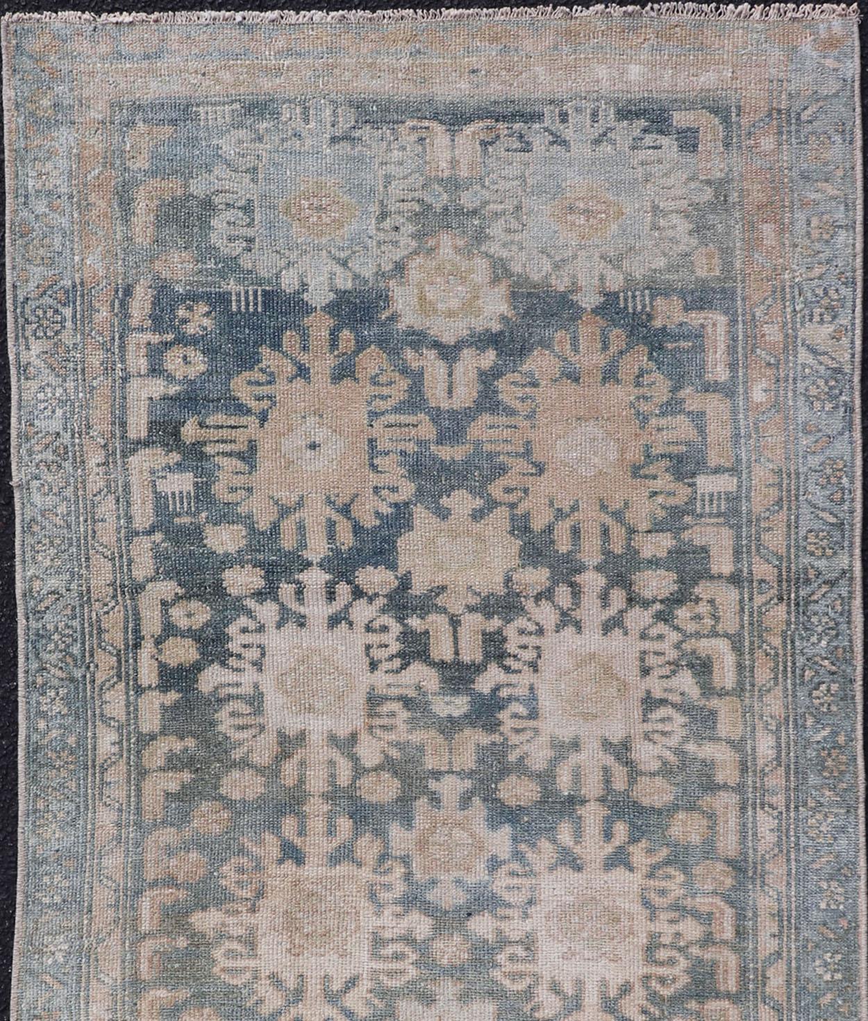 Measures: 2'4 x 4'8 
Antique Persian Malayer Rug with Sub-Geometric Design in Soft Blue and Cream. Keivan Woven Arts / rug EMB-9702-13462, country of origin / type: Iran / Hamedan, circa 1920