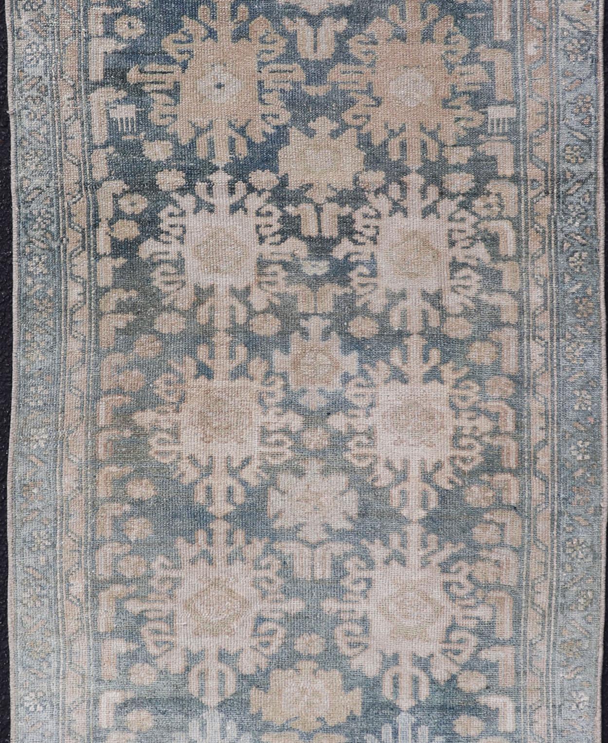 Hand-Knotted Antique Persian Malayer Rug with Sub-Geometric Design in Soft Blue and Cream For Sale