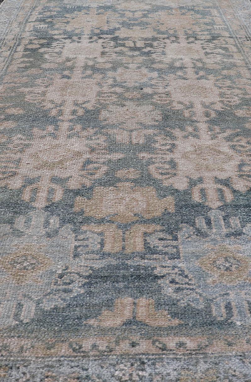 Wool Antique Persian Malayer Rug with Sub-Geometric Design in Soft Blue and Cream For Sale