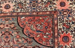 Antique Persian Malayer Rug with Teal Field and Coral Spandrel Design