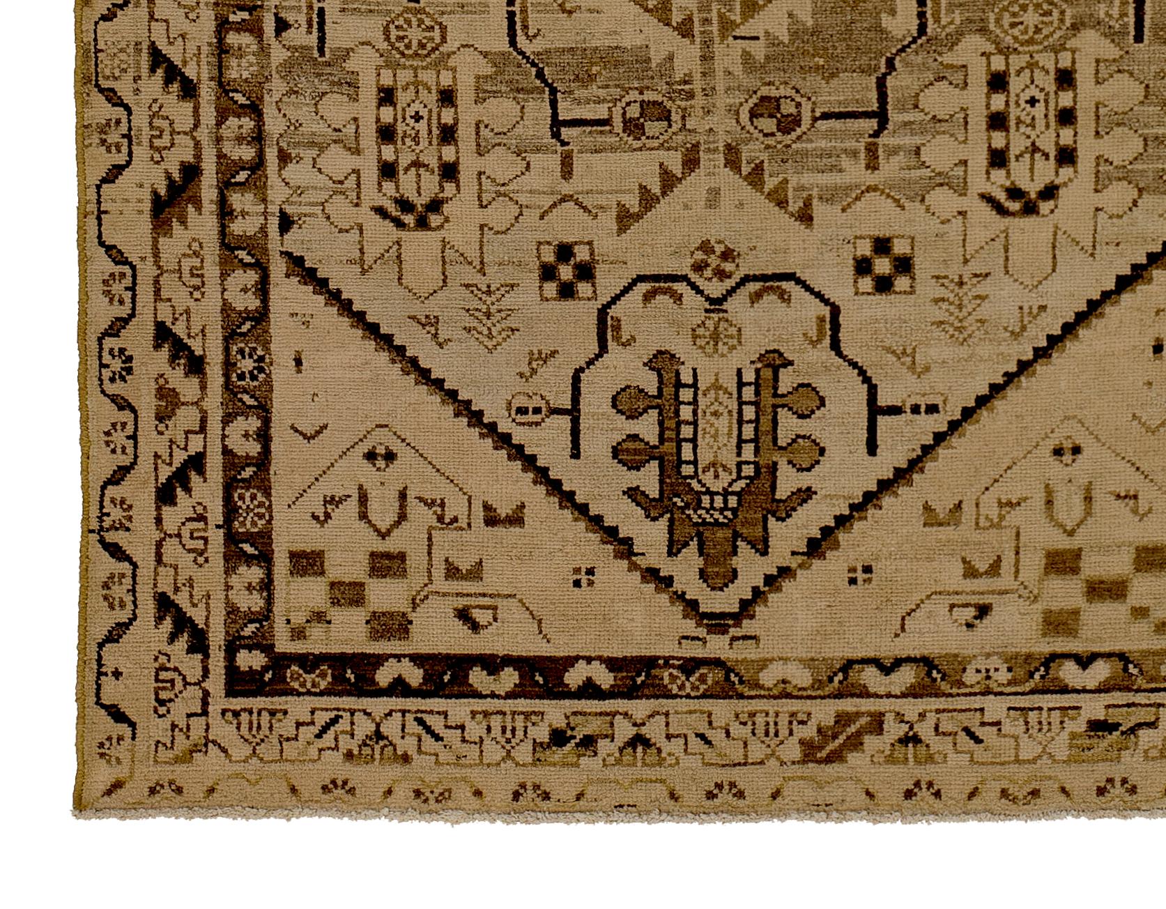 Hand-Woven Antique Persian Malayer Rug with Tribal Details on Beige Field For Sale