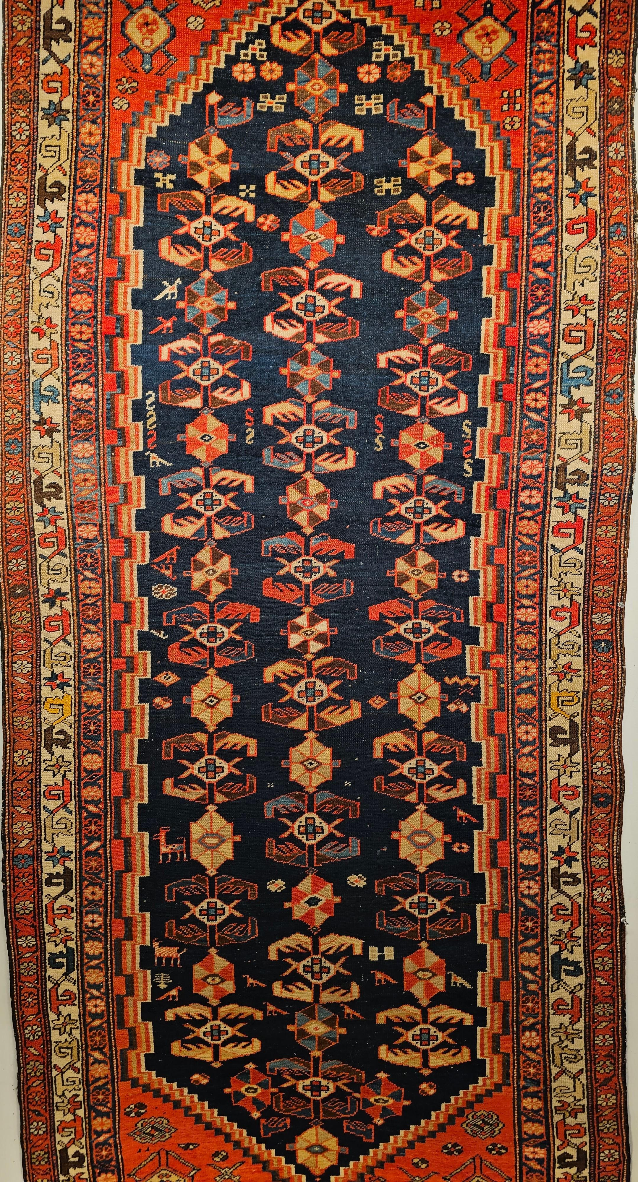 Persian Vintage Malayer Runner in Allover Geometric Pattern in Navy Blue, Red, Yellow For Sale