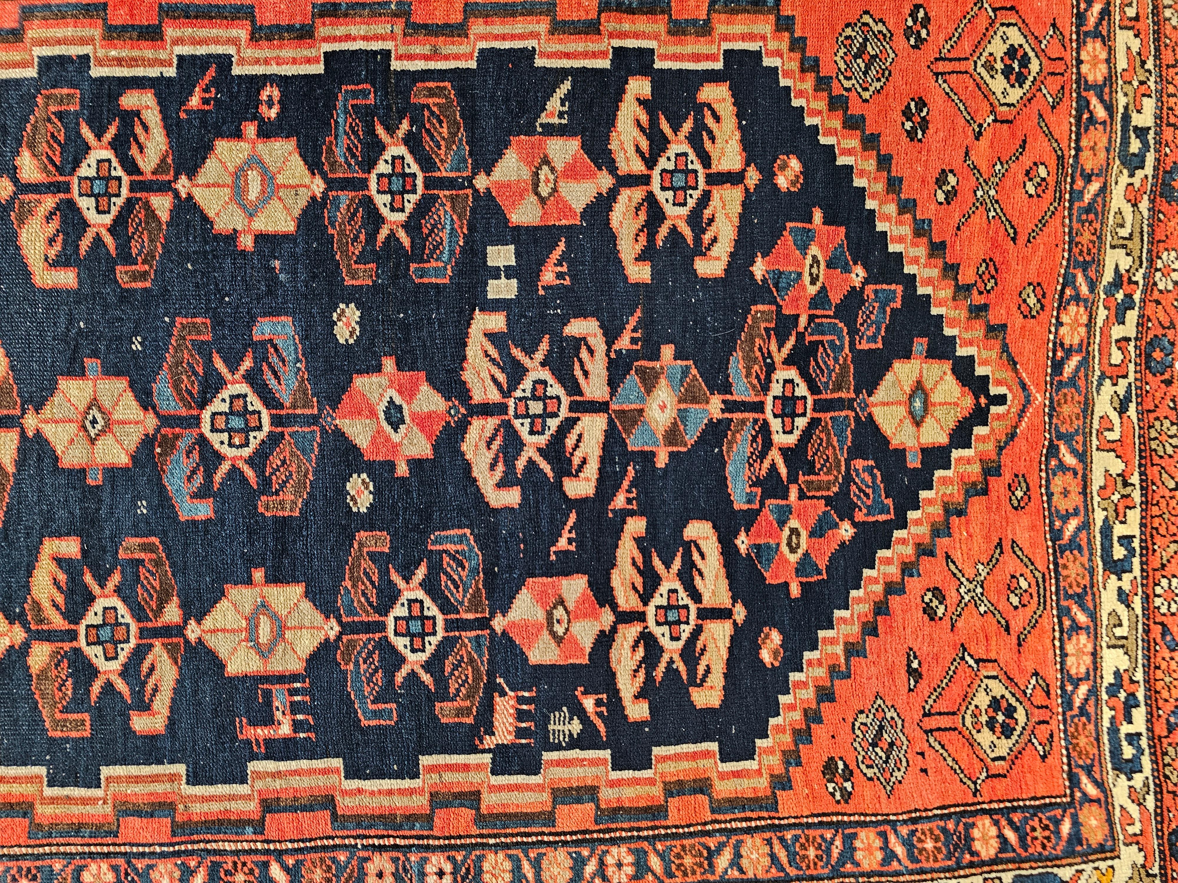 Early 20th Century Vintage Malayer Runner in Allover Geometric Pattern in Navy Blue, Red, Yellow For Sale