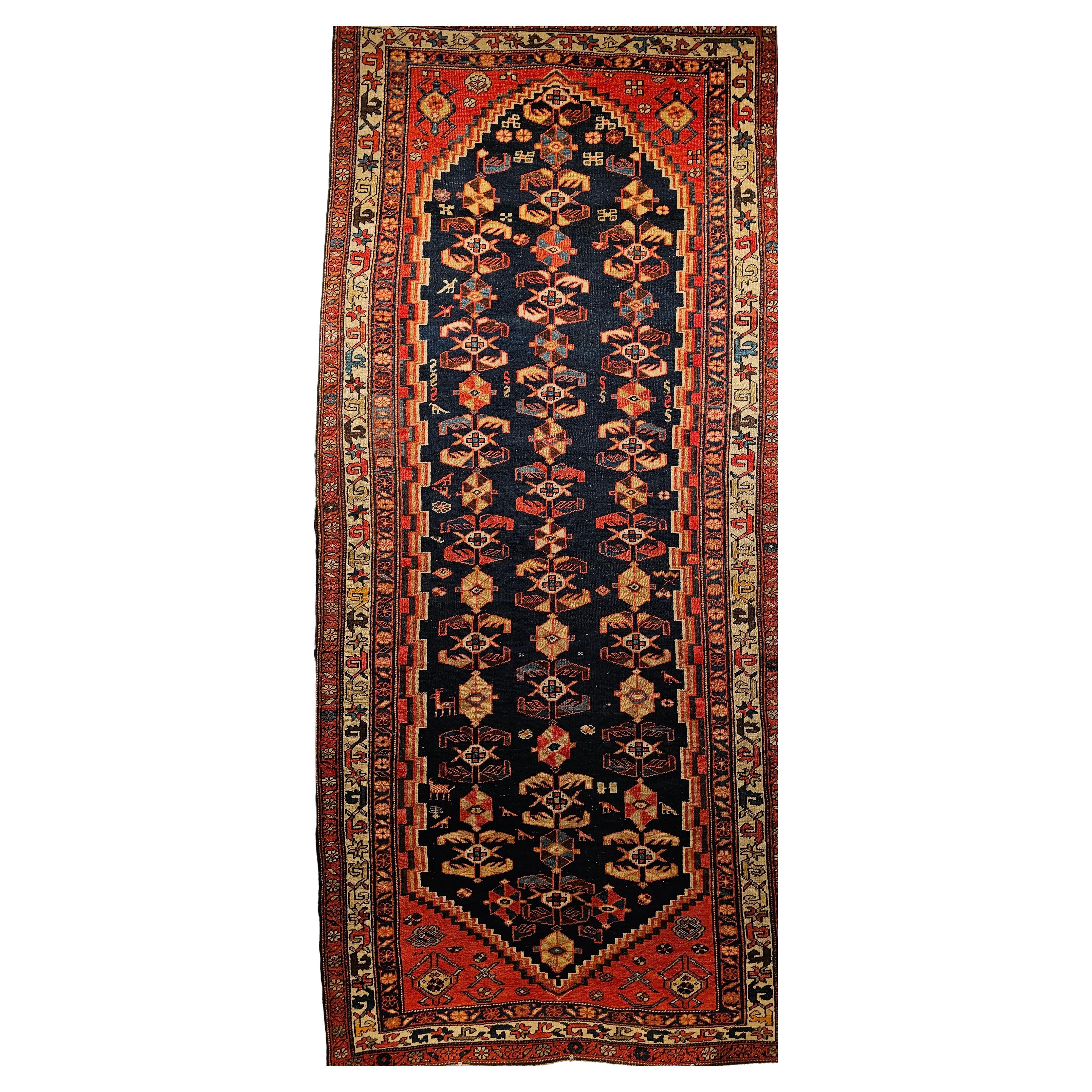 Vintage Malayer Runner in Allover Geometric Pattern in Navy Blue, Red, Yellow For Sale
