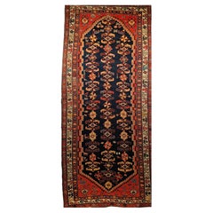 Antique Malayer Runner in Allover Geometric Pattern in Navy Blue, Red, Yellow