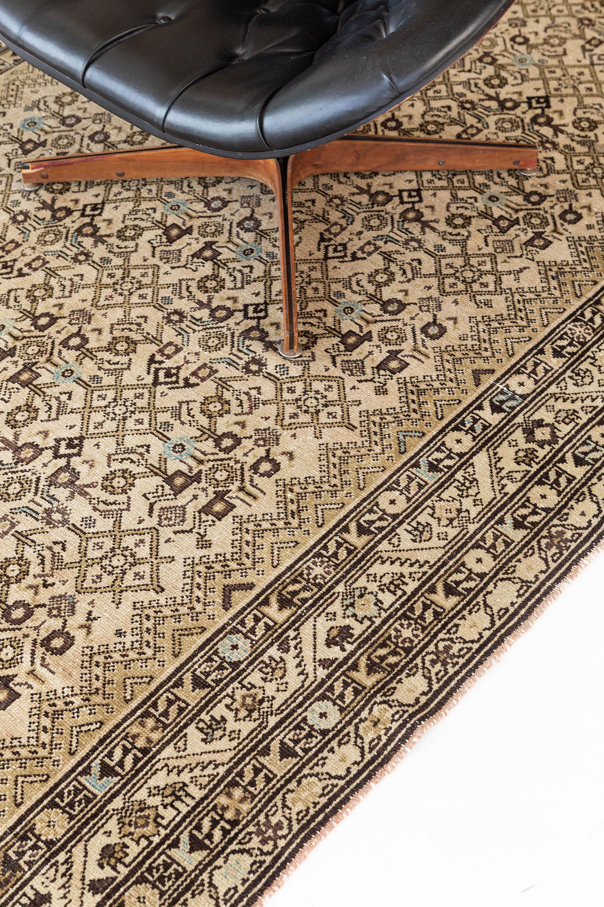 With its all-over botanical design and mesmerizing well-balanced symmetry, this antique Persian Malayer runner would bring a sense of understated elegance to nearly any space. The abrashed tan field features a breathtaking intricate details of