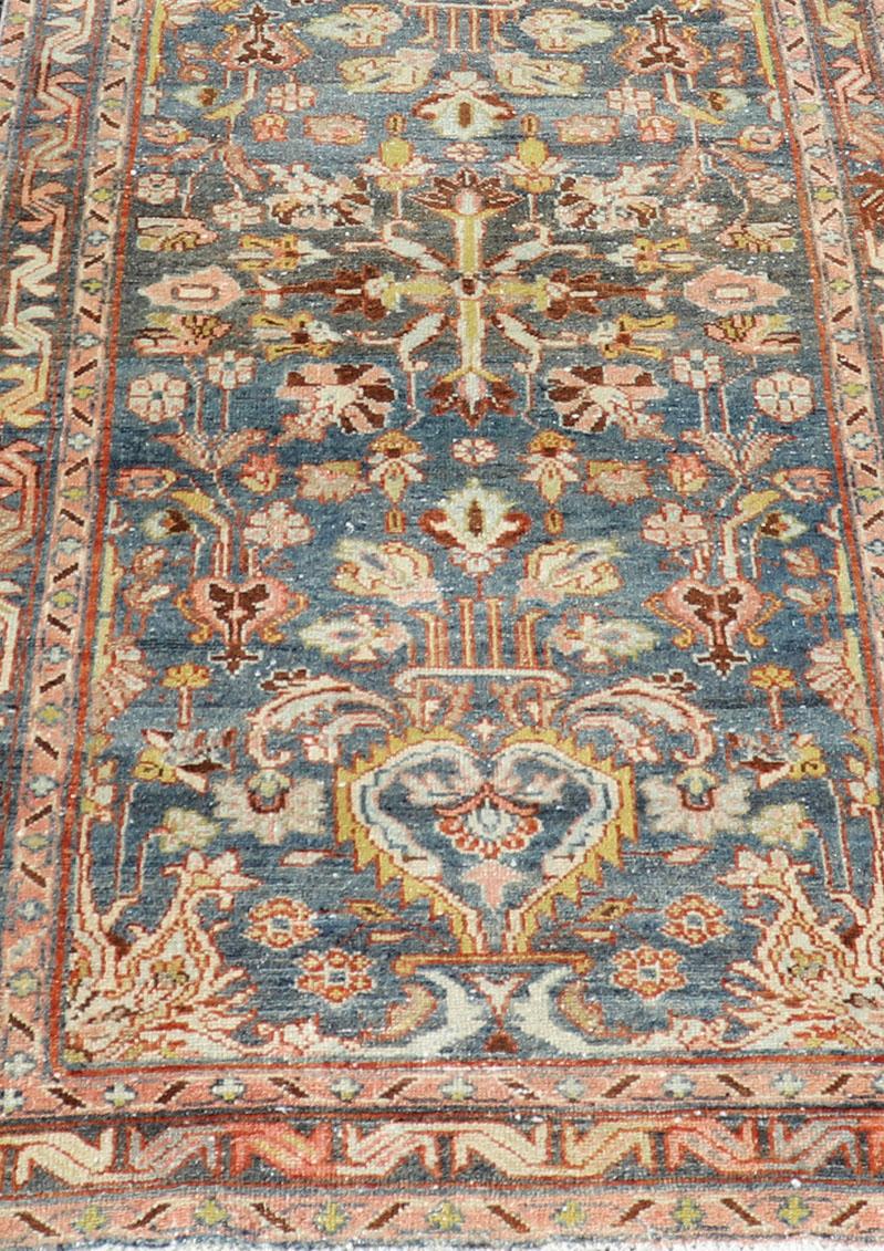 Hand-Knotted Antique Persian Malayer Runner All-Over Floral Design on a Blue Background For Sale