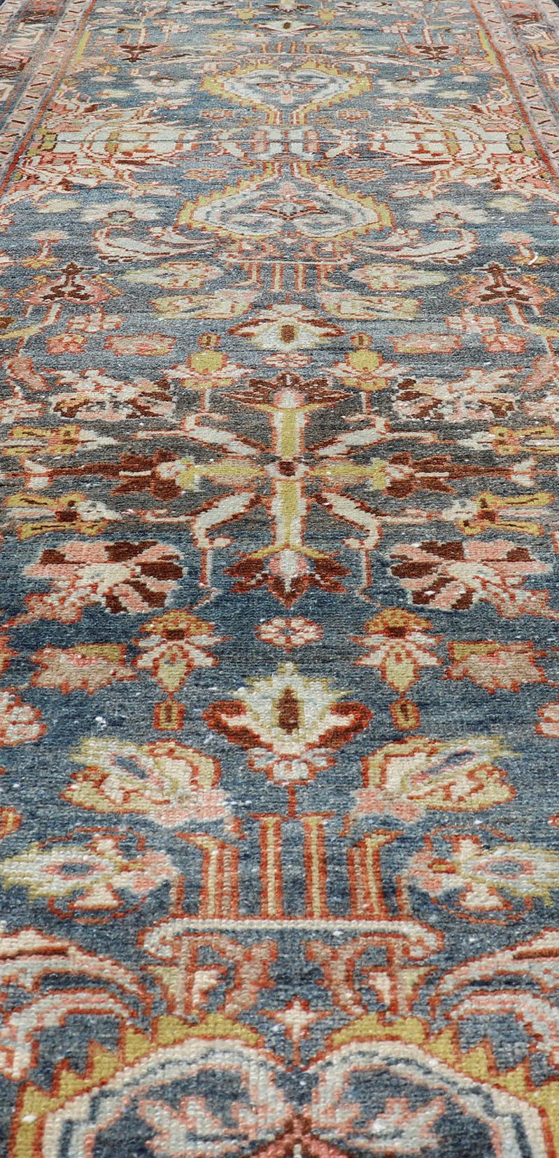 Antique Persian Malayer Runner All-Over Floral Design on a Blue Background In Good Condition For Sale In Atlanta, GA