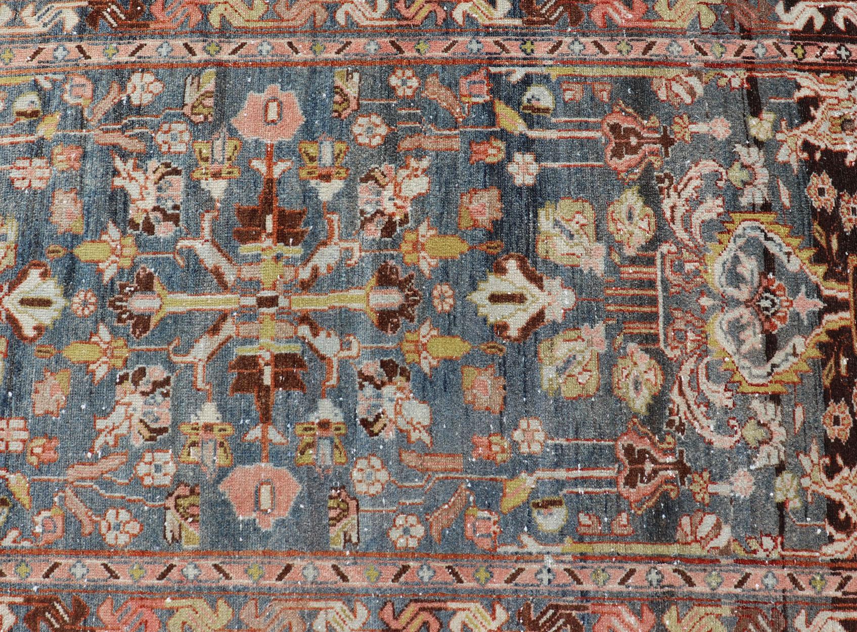 Wool Antique Persian Malayer Runner All-Over Floral Design on a Blue Background For Sale