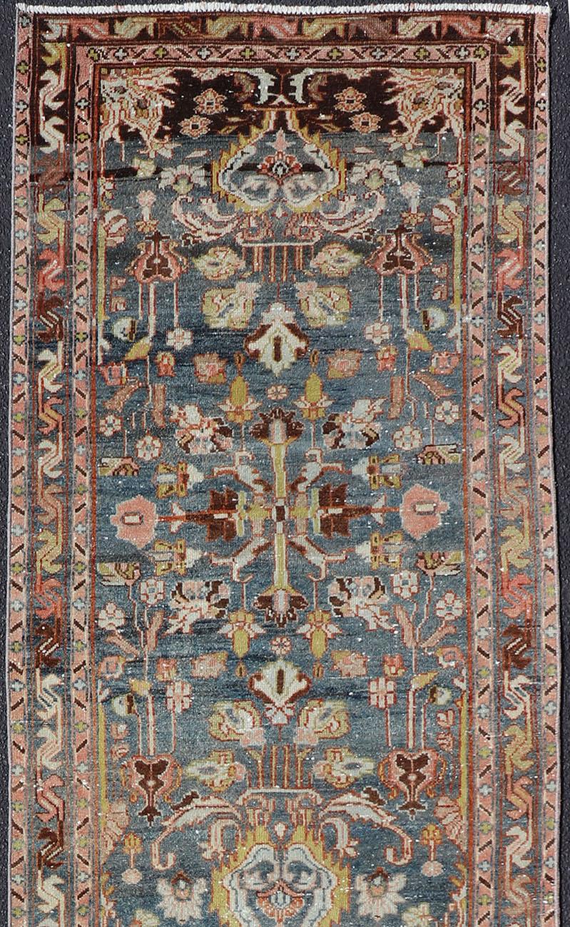 Antique Persian Malayer Runner All-Over Floral Design on a Blue Background For Sale 1