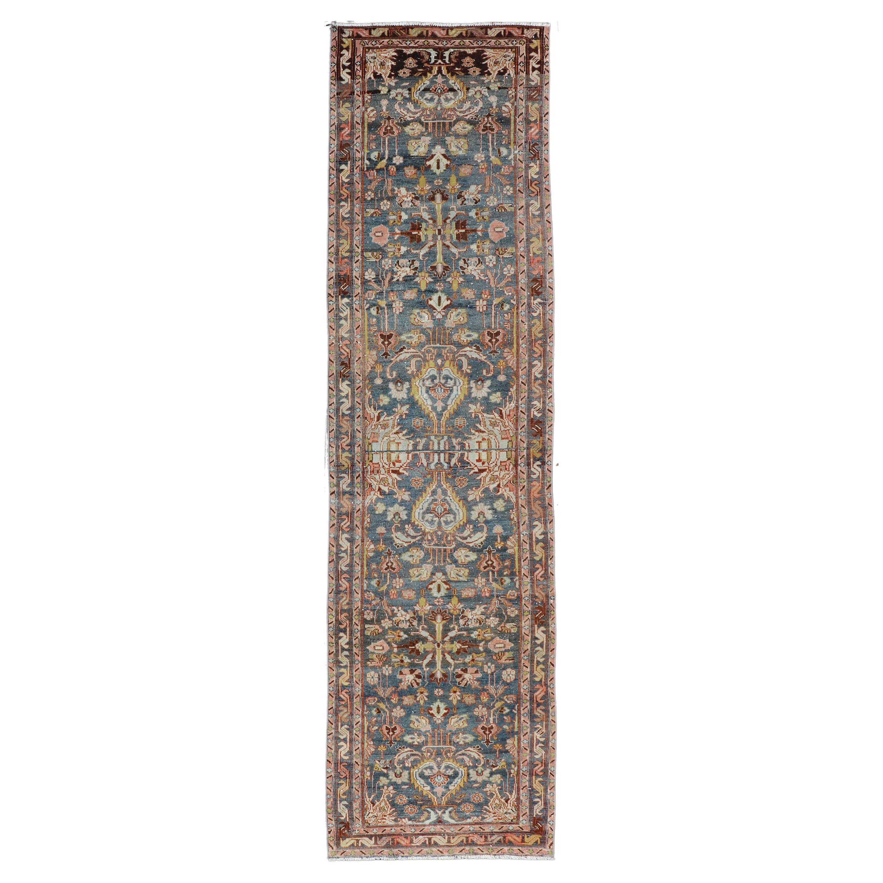 Antique Persian Malayer Runner All-Over Floral Design on a Blue Background For Sale