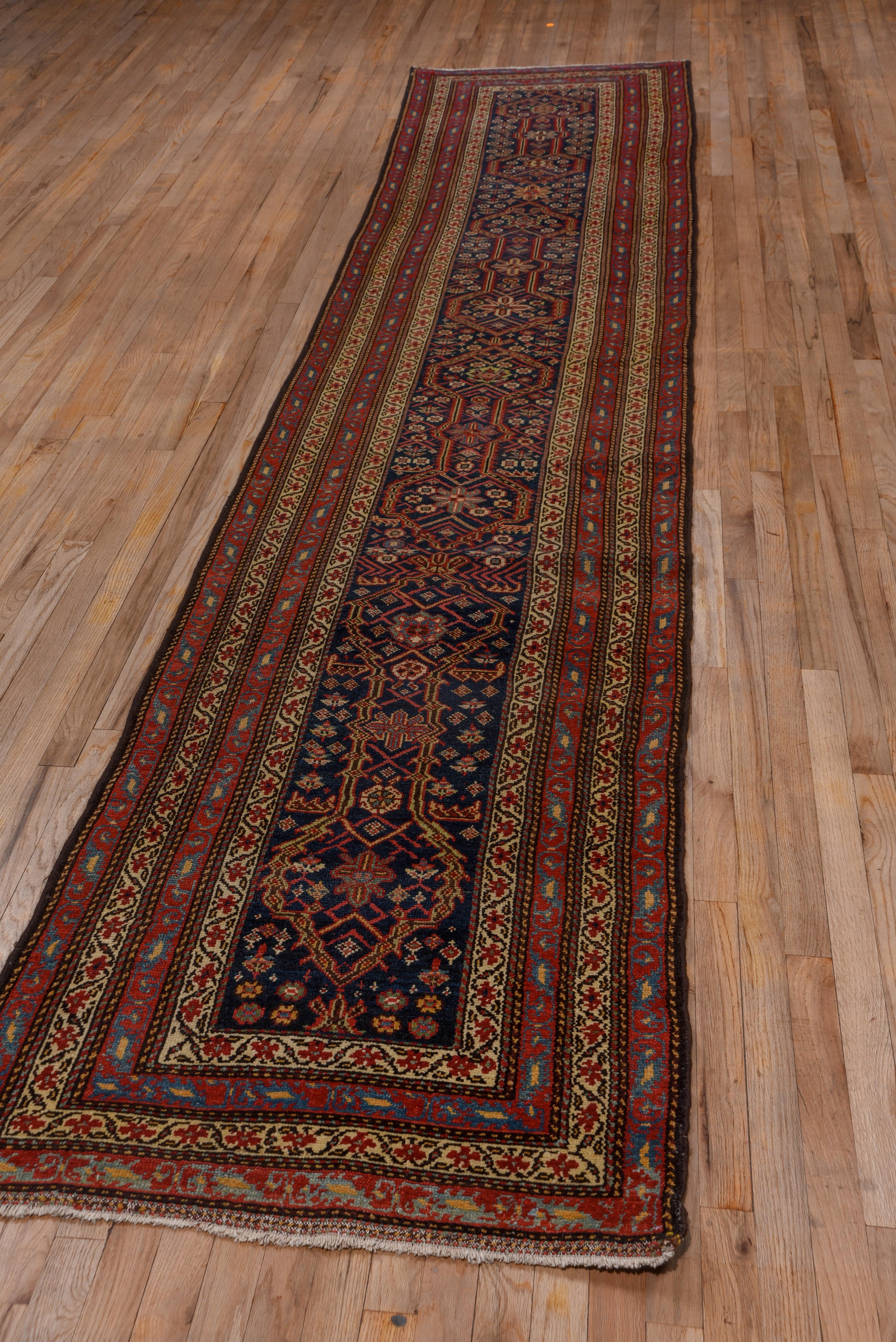 Hand-Knotted Antique Persian Malayer Runner, Blue Field, Red and Gold Borders, circa 1920s For Sale