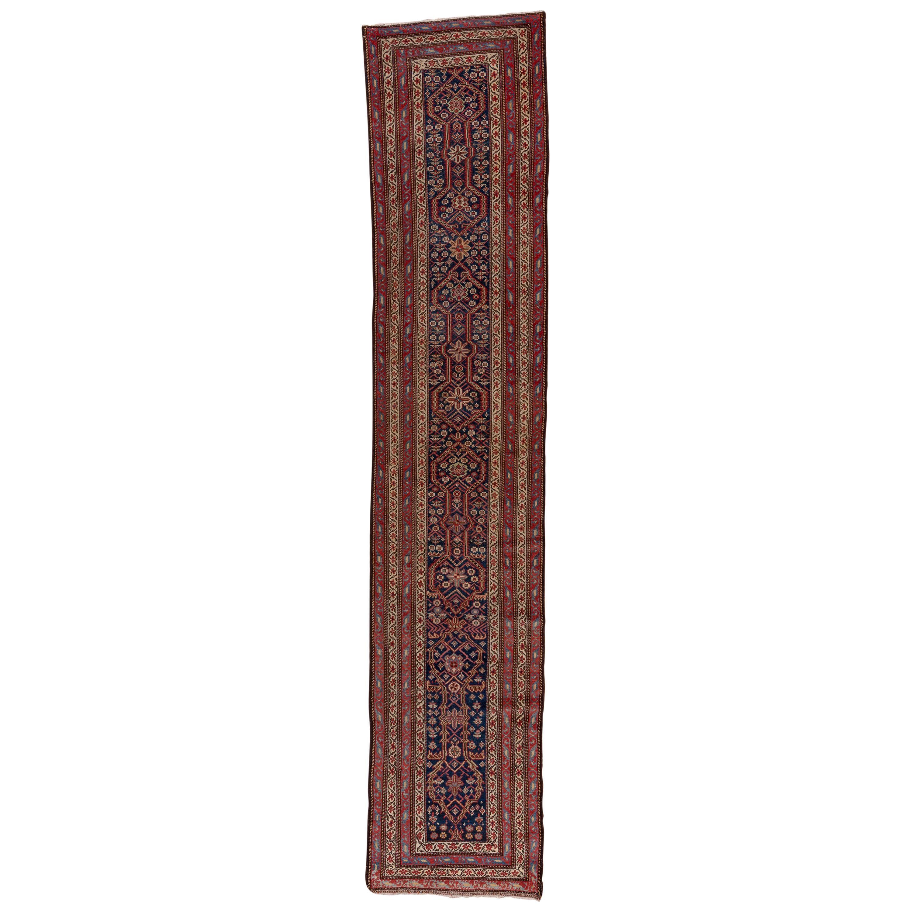 Antique Persian Malayer Runner, Blue Field, Red and Gold Borders, circa 1920s For Sale