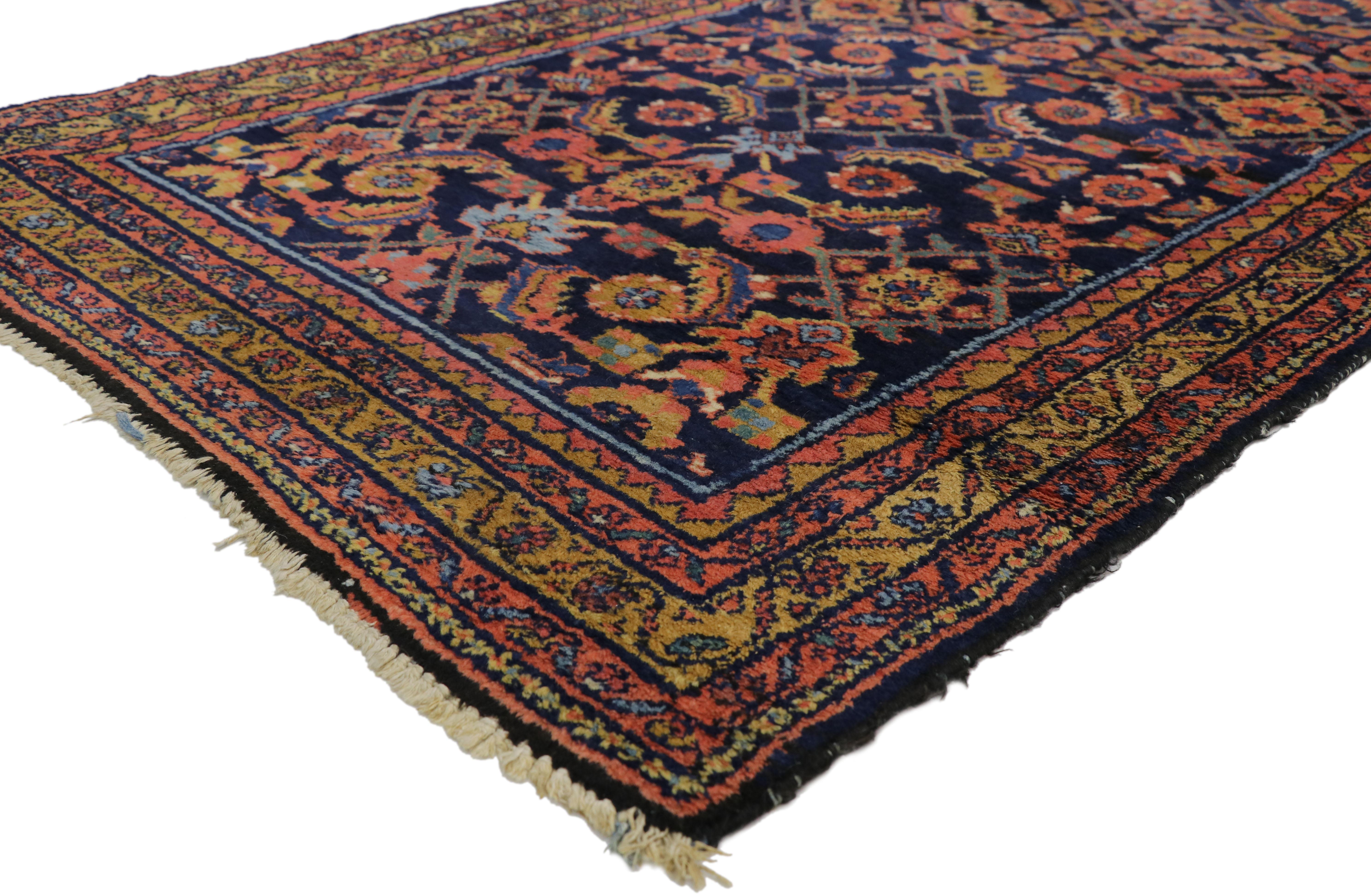 76805 Antique Persian Malayer Runner with Modern Victorian Style, Extra-Long Hallway runner 03'07 x 17'01. This hand-knotted wool antique Persian Malayer runner features an all-over Herati pattern on an abrashed ink blue field. The classic Herati