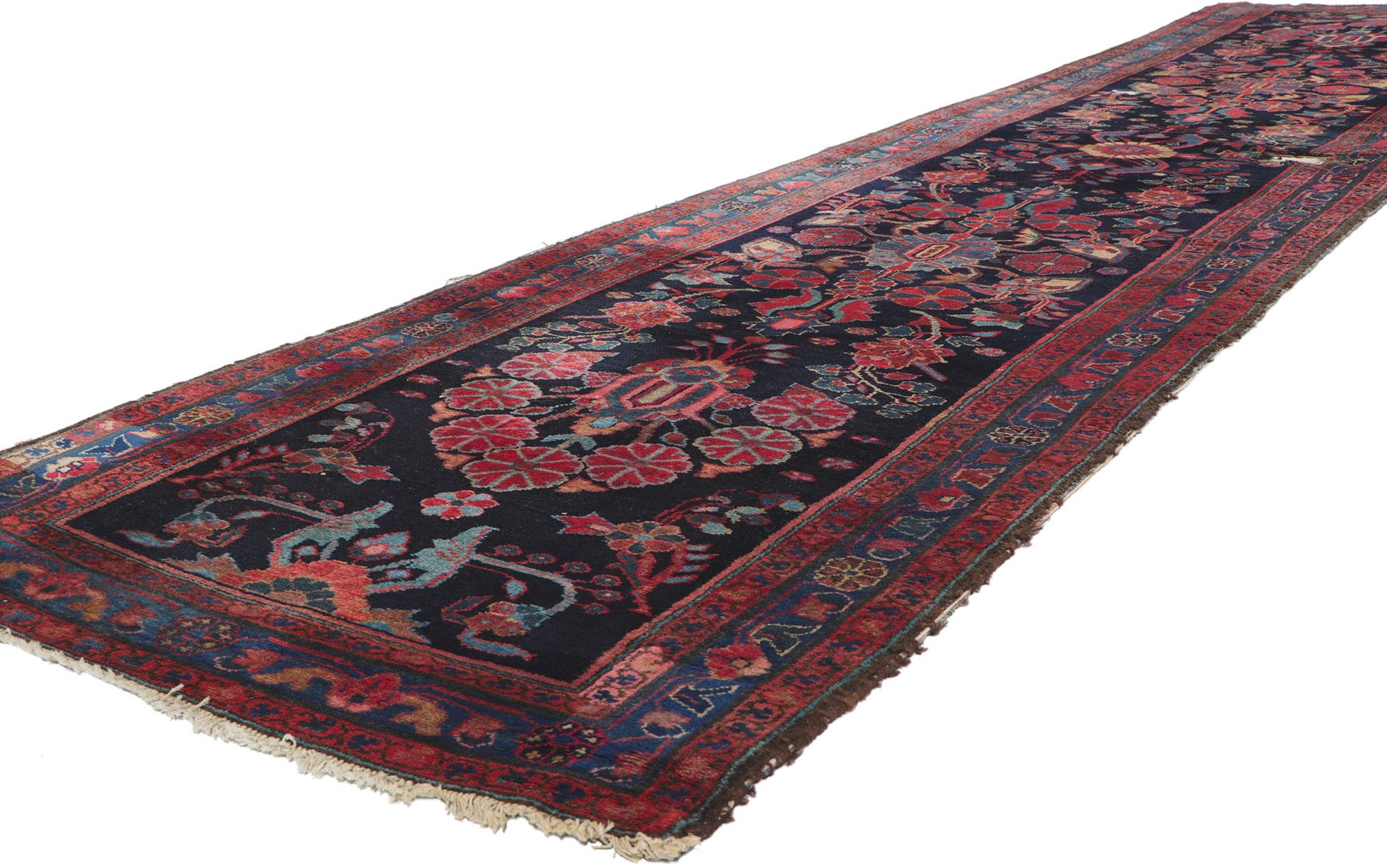 78148 Antique Persian Malayer runner, 03'02 x 14'09. Rugged beauty and a timeless design rustic sensibility, this hand knotted wool antique Persian Malayer runner will take on a curated lived-in look that feels timeless while imparting a sense of