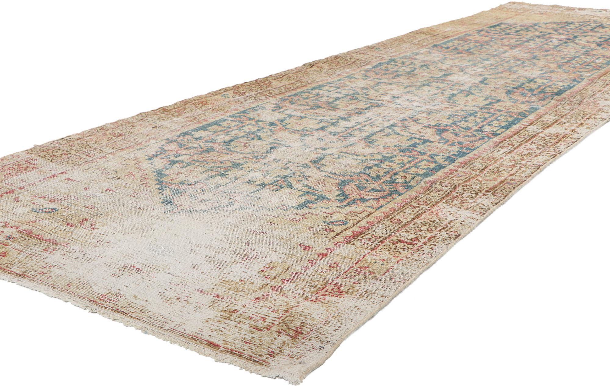 61135 Antique Persian Malayer runner, 03'04 x 11'02.
With its rugged beauty and rustic sensibility, this hand knotted wool distressed antique Persian Malayer runner will take on a curated lived-in look that feels timeless while imparting a sense of