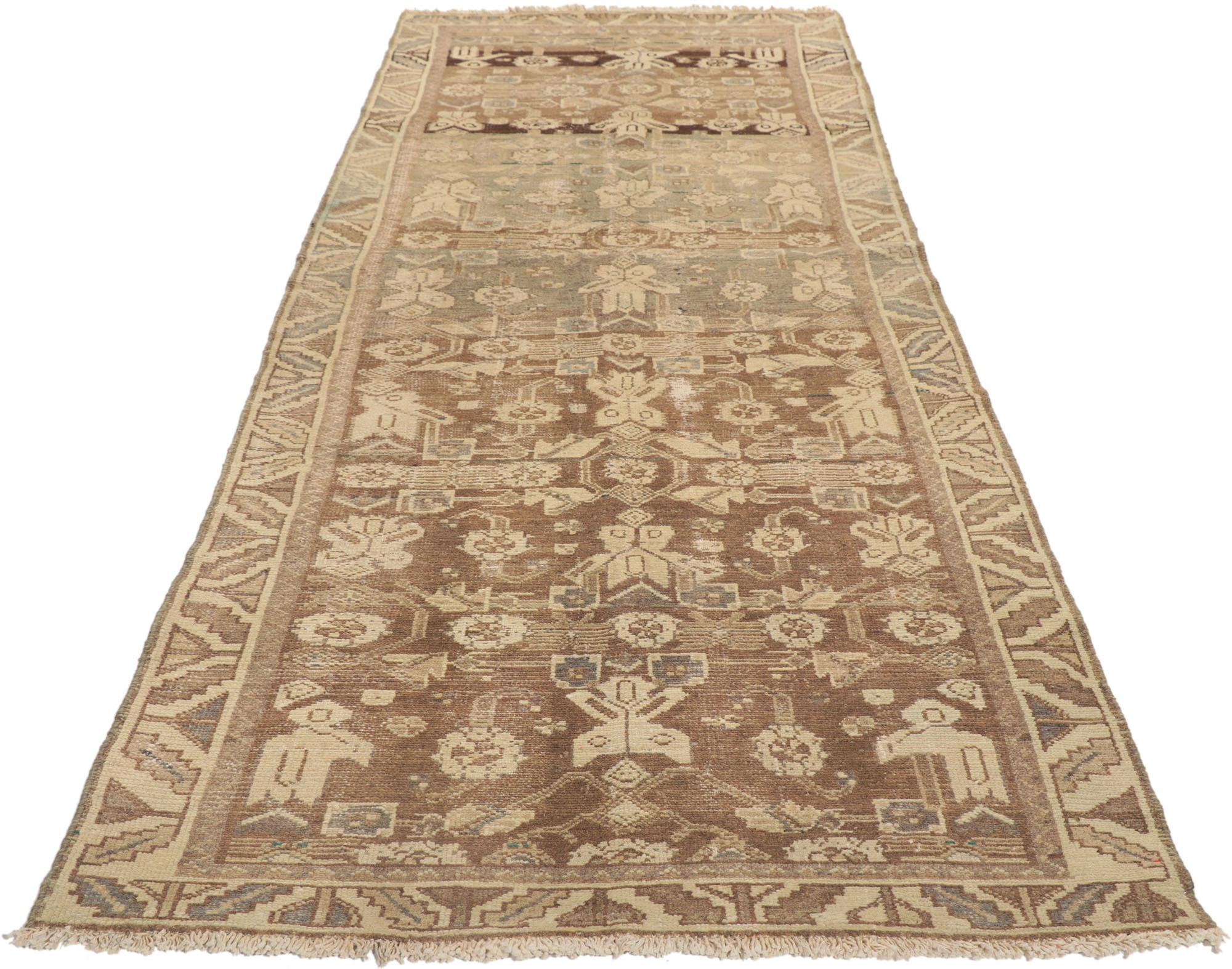 Hand-Knotted Antique Persian Malayer Runner, Earth-Tone Elegance Meets Quiet Sophistication For Sale